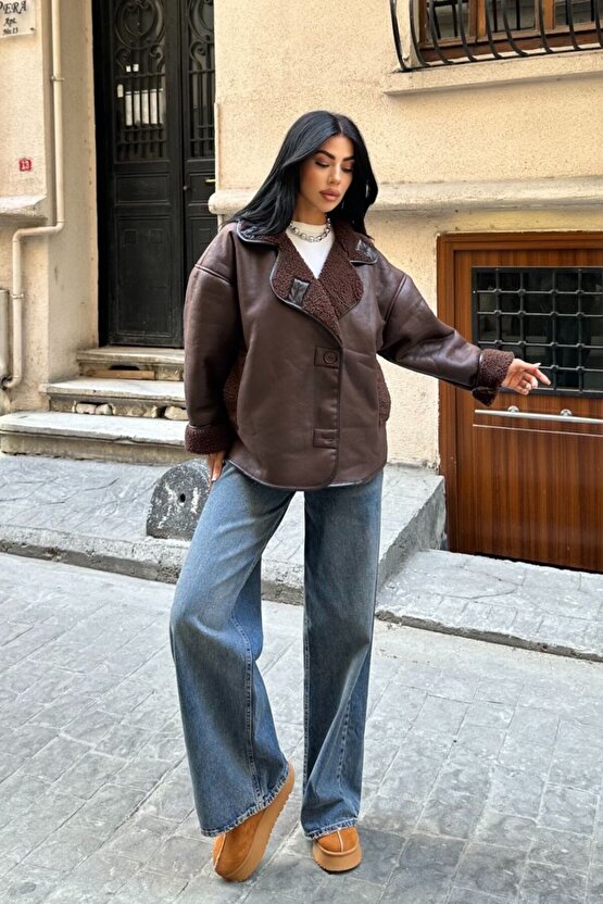 Else Acı Kahve Dokulu Süet Içi Peluşlu Oversize Zr Model Mont