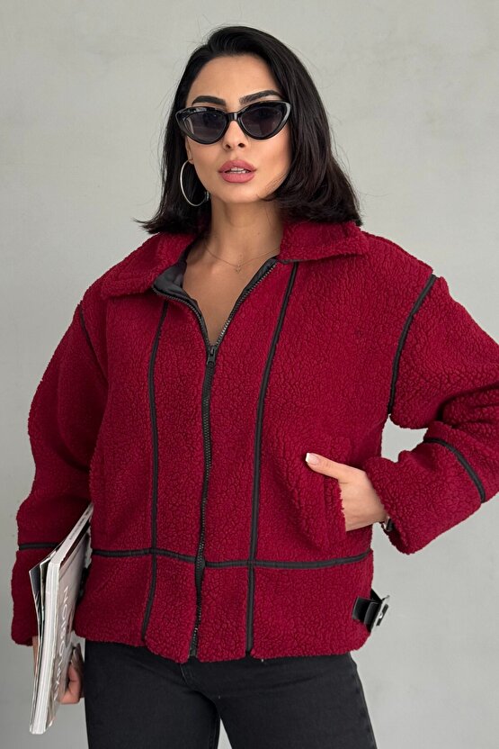 Şerit Detaylı Peluş Mont