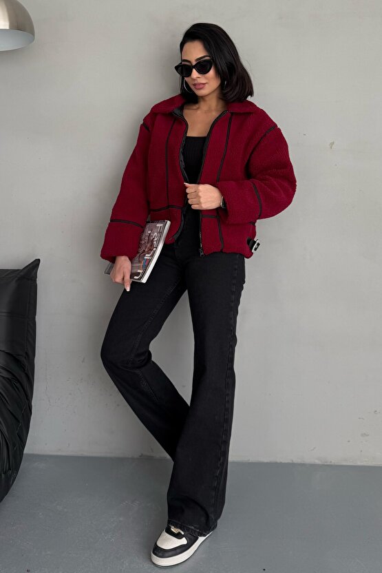 Şerit Detaylı Peluş Mont