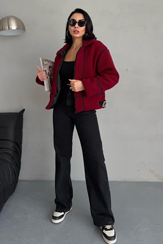 Şerit Detaylı Peluş Mont