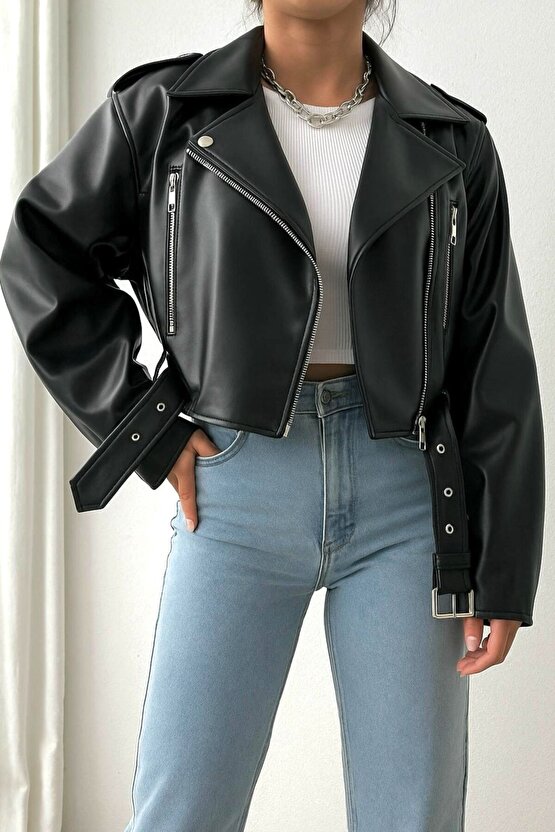 Kemerli Siyah Crop Deri Ceket