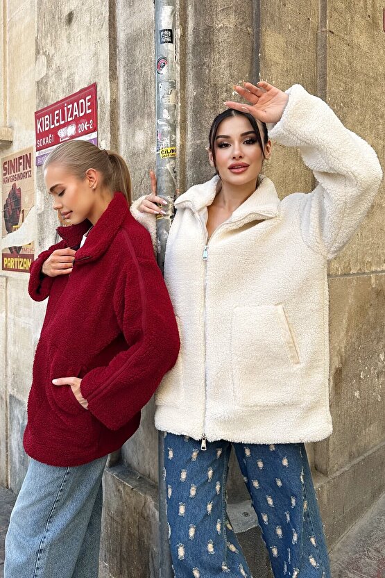 Bej Dik Yakalı Cepli Kadın Peluş Mont