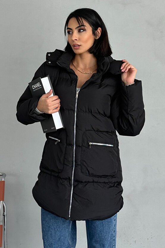 Kadın Kapüşonlu Şişme Uzun Mont