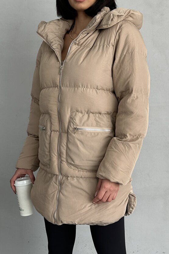 Kadın Kapüşonlu Şişme Uzun Mont