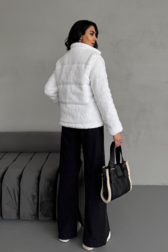 Peluş kabartma teddy şişme mont ekru beyaz