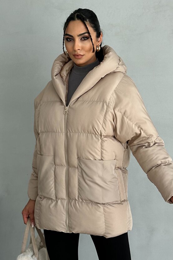 Puffer Yarasa Şişme Bej Oversize Mont