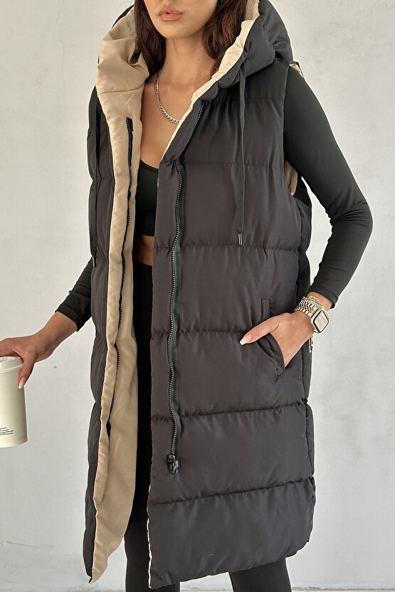 Kadın Çift Taraflı Uzun Şişme Yelek Kapüşonlu Oversize - Siyah, Bej
