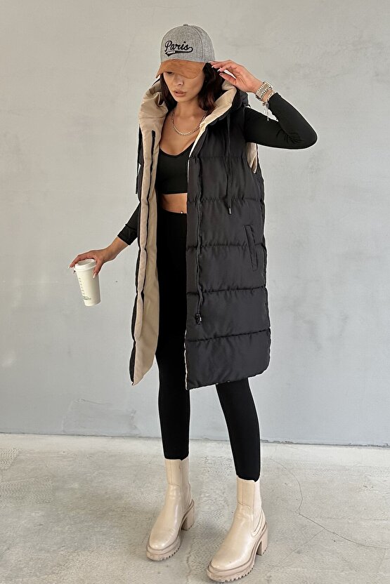 Kadın Çift Taraflı Uzun Şişme Yelek Kapüşonlu Oversize - Siyah, Bej