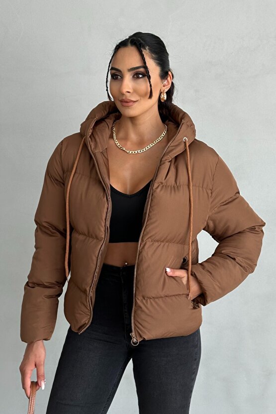 Kadın Kapüşonlu Şişme Mont - Yakası Bağcıklı