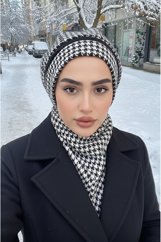 Siyah Beyaz Kazayağı Tesettür Bere ve Etol Takım