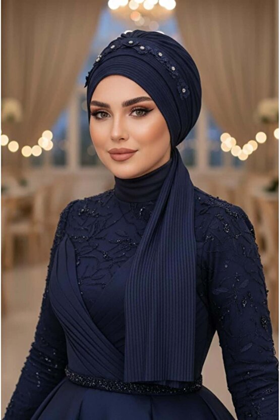 Lacivert Aksesuarlı Atkılı Abiye Bone