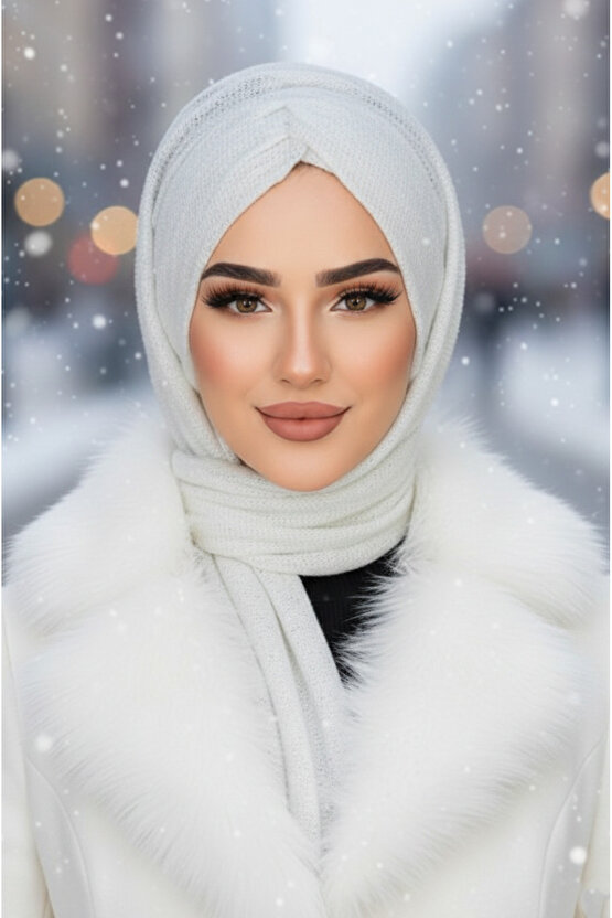 Beyaz Triko Kelebek Model Büzgülü Bone Şal