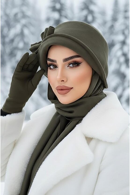 Haki Aksesuarlı Atkılı Vintage Şapka