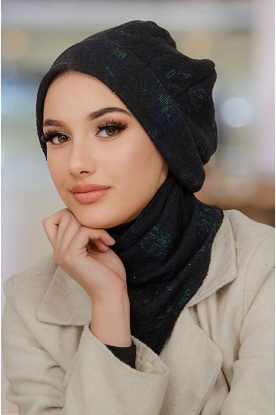 Siyah Yeşil Desen Tesettür Bere ve Etol Takım