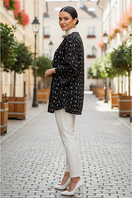 Siyah Çiçekli Önü Bağlamalı Kimono Tunik  Likralı Yazlık Kumaş 85cm Boy