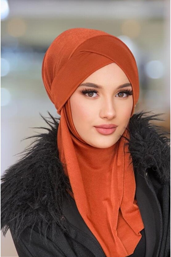 Kiremit Çapraz Bantlı Medium Size Hijab - Hazır Şal