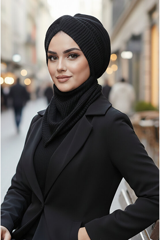 Siyah Triko Kışlık Burgu Bone Ve Etol Takım