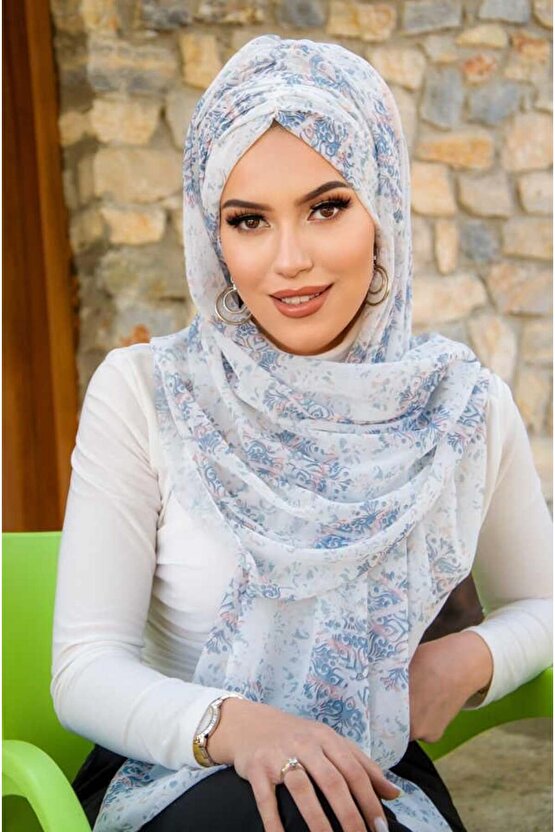 Beyaz Mavi Bahar Desen Hazır Şal