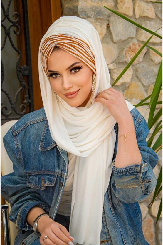 Kırık Beyaz Taba Çizgili Hazır Şal