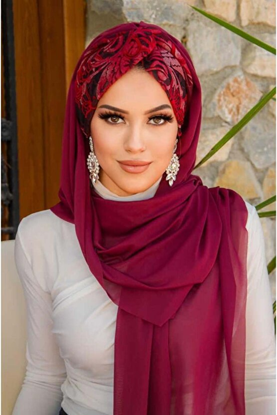 Bordo Çiçek Desen Burgu Hazır Şal