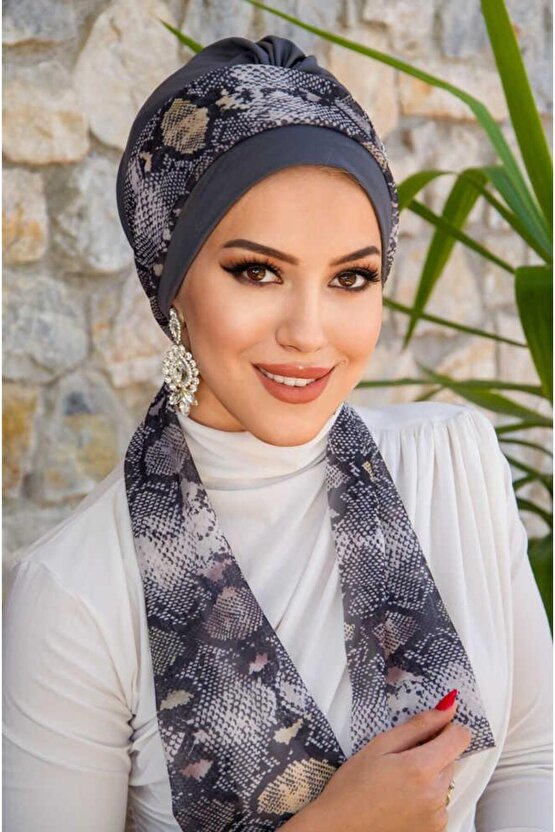 Füme Yılan Desen Fularlı Bone