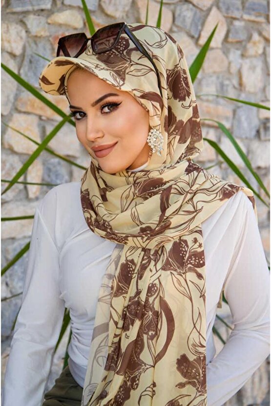 Uçuk Sarı kahve Desen Kepli Bandana Şapka Şal