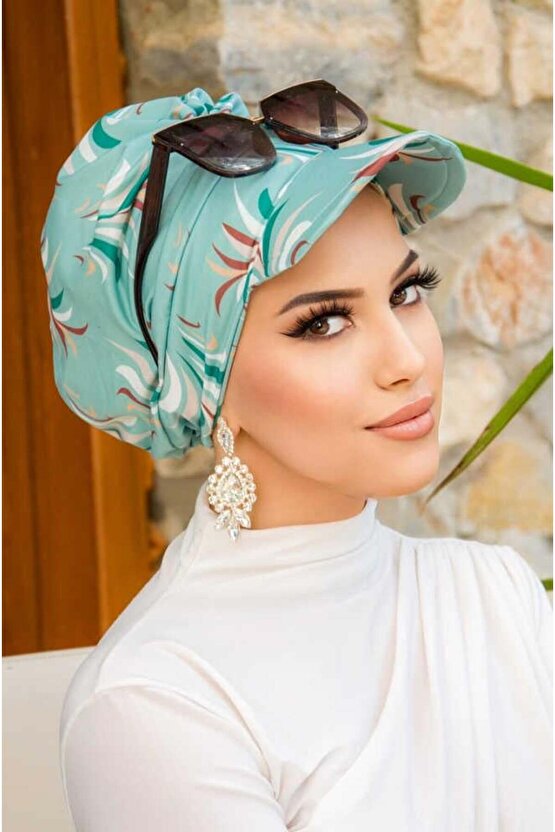 Mint Desenli Tesettür Şapka Bone