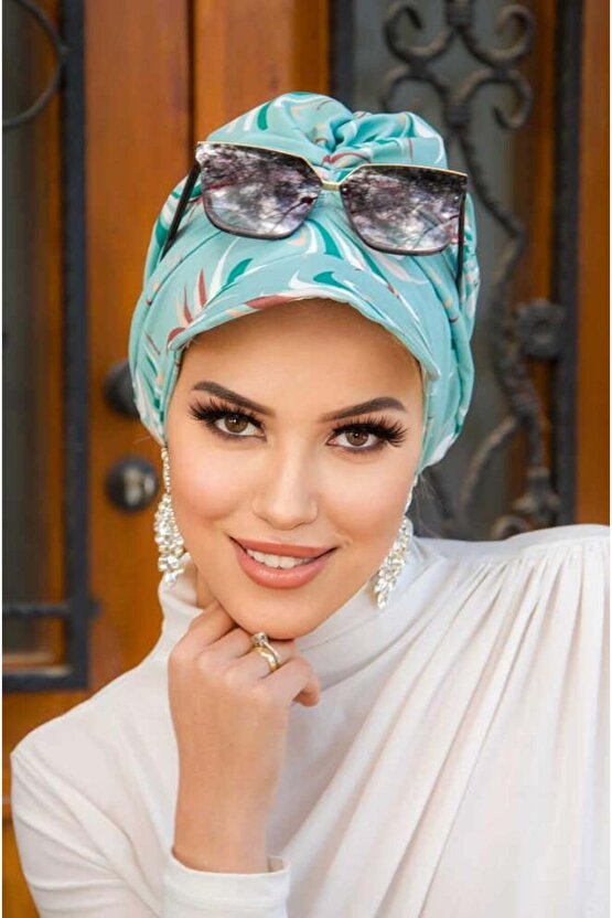 Mint Desenli Tesettür Şapka Bone