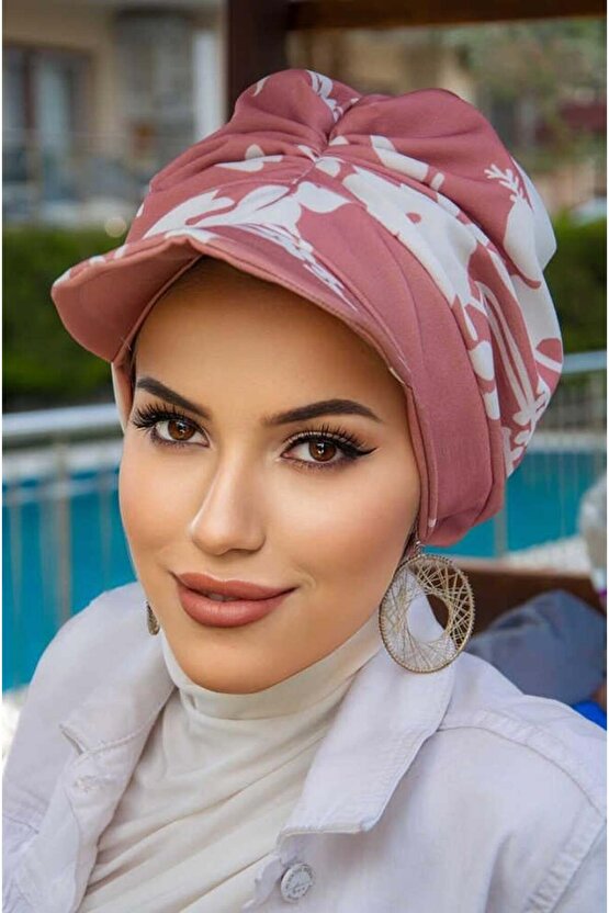 Koyu Pudra Beyaz Desen Bantlı Şapka Bone