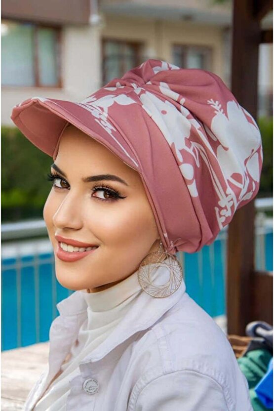 Koyu Pudra Beyaz Desen Bantlı Şapka Bone