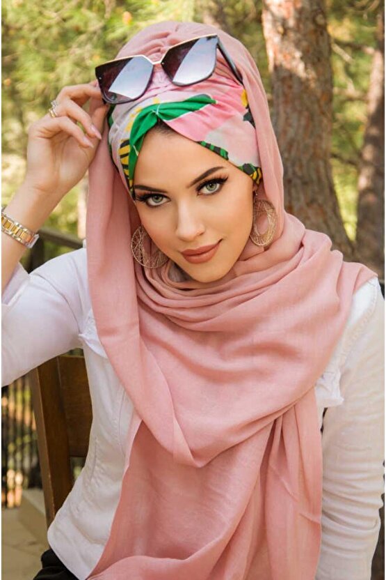 Pudra Yaprak Desenli Hazır Şal