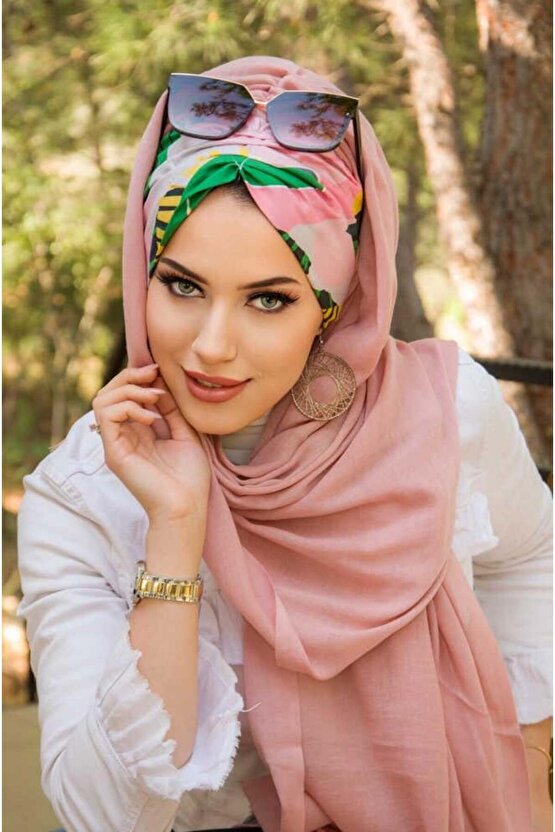 Pudra Yaprak Desenli Hazır Şal