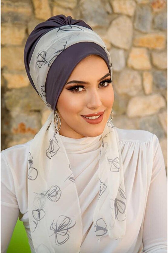 Antrasit Beyaz Çiçek Desen Fularlı Bone