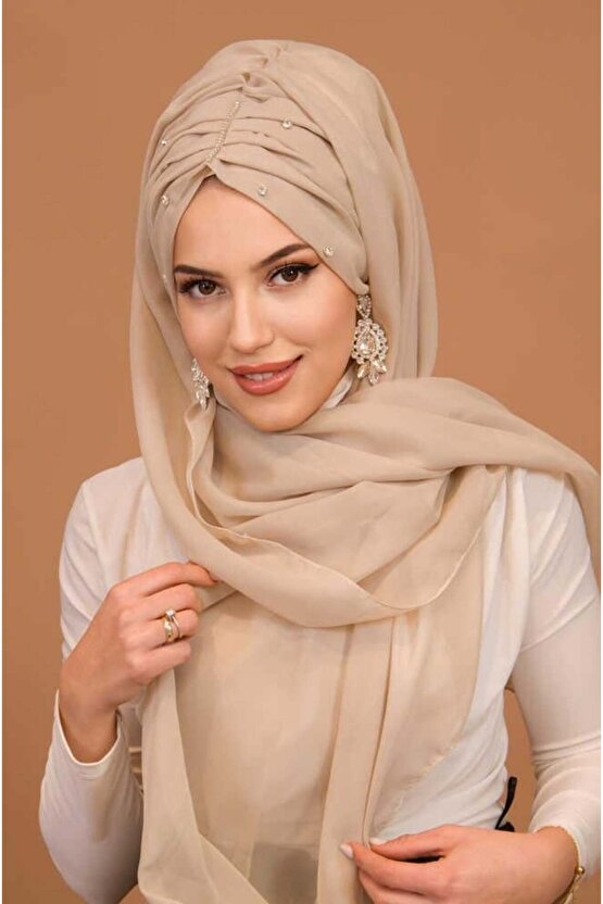 Kemik Rengi Taşlı Büzgü Model Hazır Abiye Şal