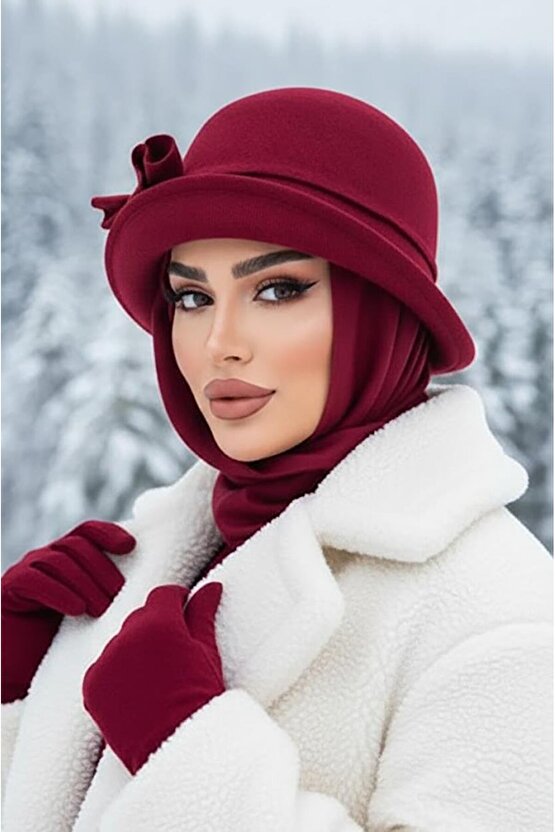 Bordo Aksesuarlı Vintage Atkılı Şapka