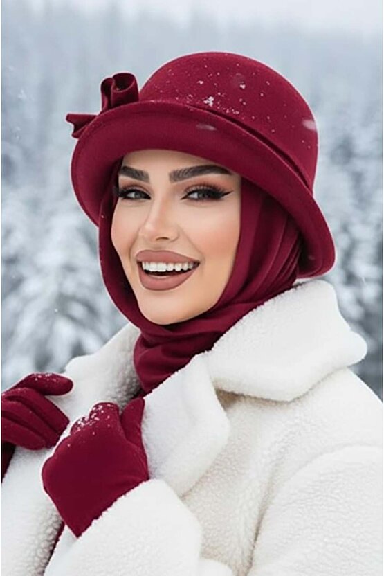 Bordo Aksesuarlı Vintage Atkılı Şapka