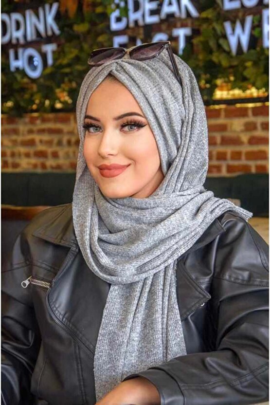 Gri Triko Büzgülü Hazır Şal