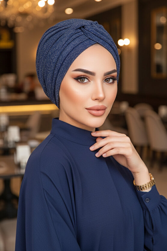 Lacivert Işıltılı Burgu Detaylı Bone