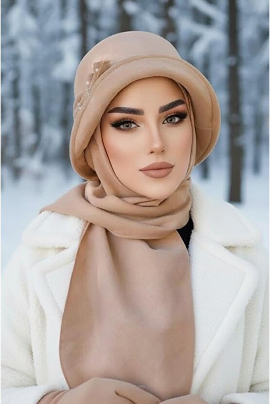 Bej Taşlı Aksesuarlı Vintage Şapka