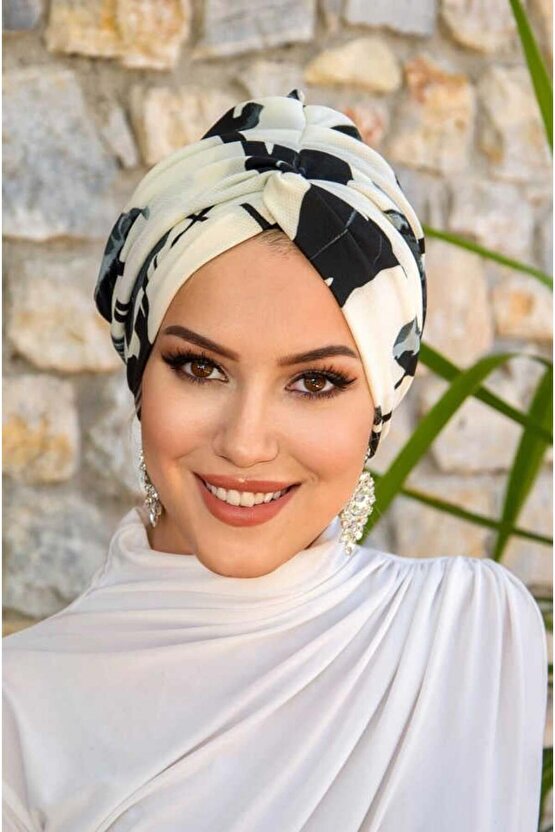 Füme Beyaz Desenli Hazır Burgu Düğüm Bone