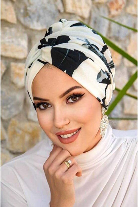 Füme Beyaz Desenli Hazır Burgu Düğüm Bone