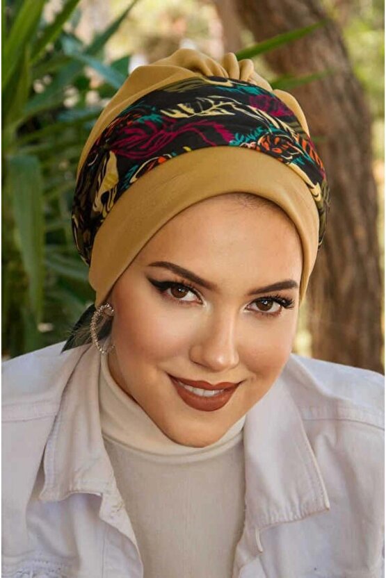 Camel Yaprak Desenli Bantlı Hazır Bone