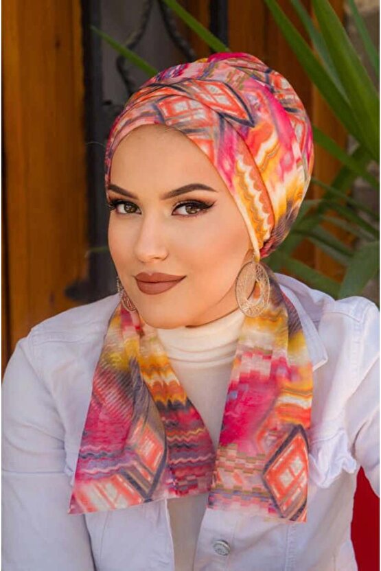 Kahve Turuncu Etnik Desenli Atkılı Bone