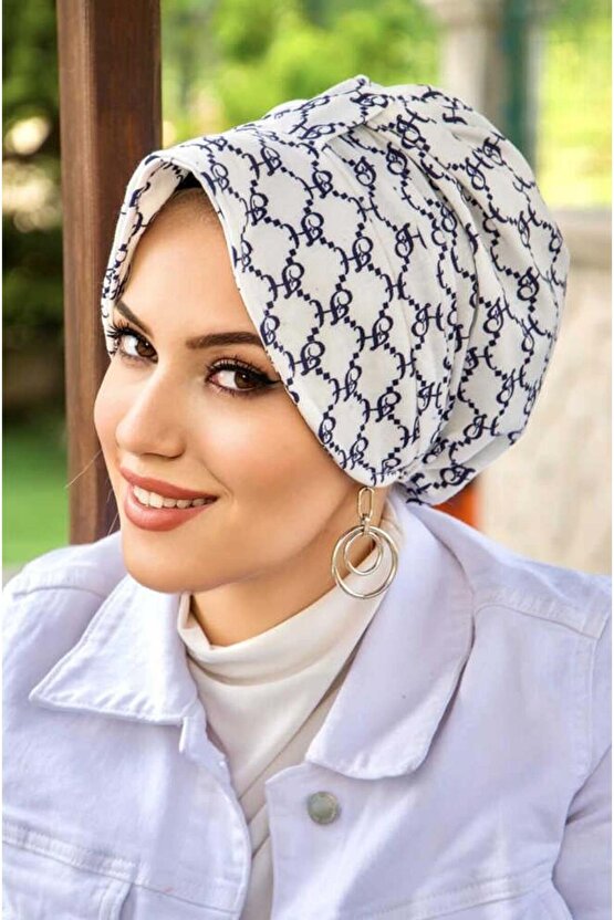 Lacivert Beyaz Hat Desenli Şapka Bone
