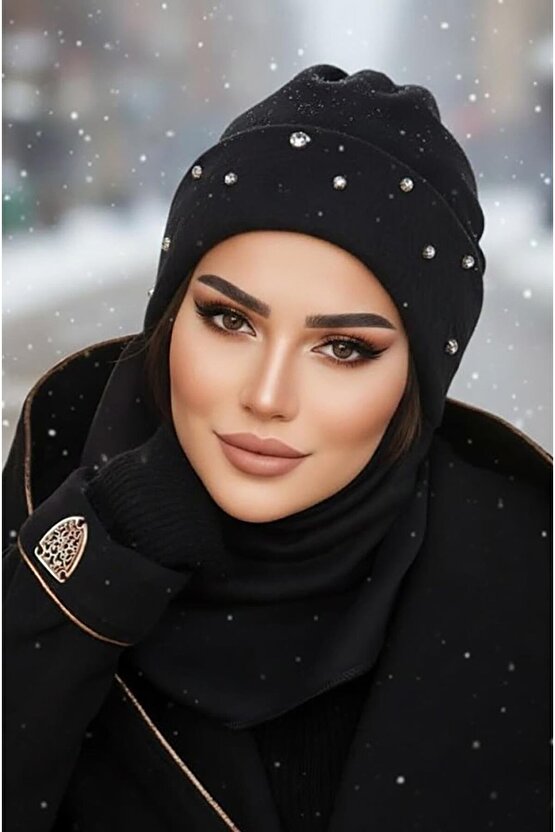 Siyah Taşlı Maskeli Bere