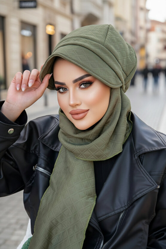 Haki Kapitone Atkılı Tesettür Şapka