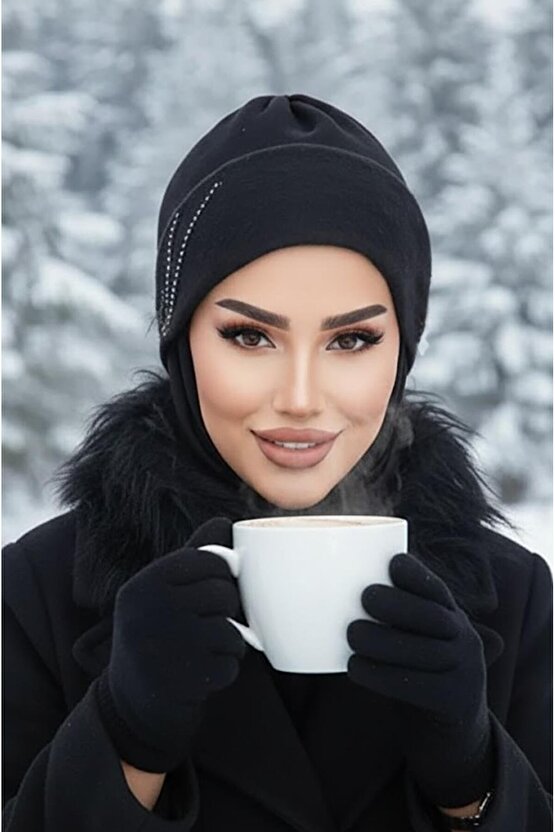 Siyah Taşlı Maskeli Bere