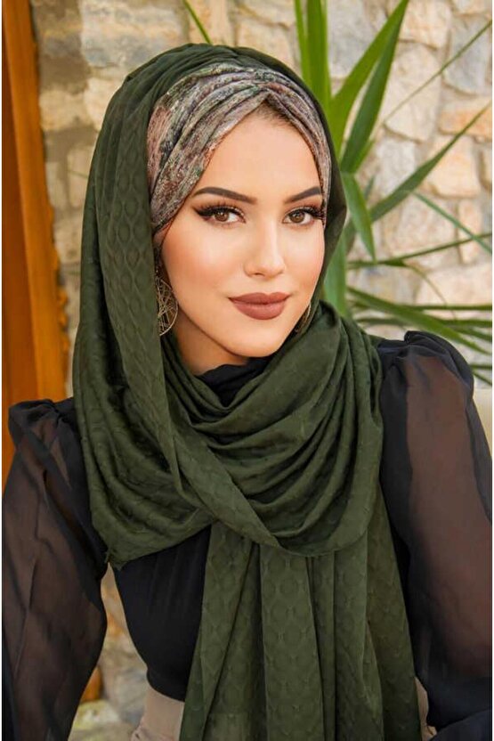 Haki Büzgülü Hazır Şal - 50601