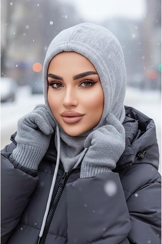 Gri Fitilli Bağcıklı Kapüşon Bone