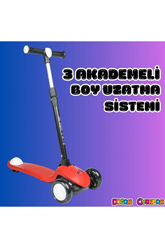 Lupa Katlanabilir Işıklı 3 Tekerlekli Kırmızı Scooter - Işıklı Scooter - Slikon Teker Scooter - Çocu